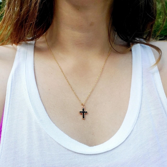 New Dainty Handmade Gold & Black Enamel Cross Necklace - Picture 1 of 16